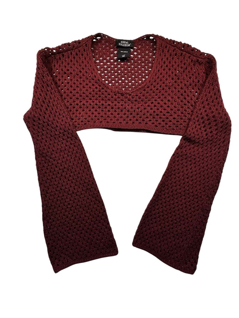 Social Collision Burgundy Open Knit Fishnet Crop Top Sweater - Picture 2 of 3